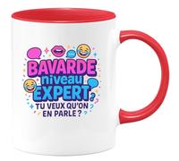 quotedazur - Mug Bavarde niveau expert. Tu veux qu'on en parle ? - Tasse Cadeau Humour Femme - Rouge/Céramique