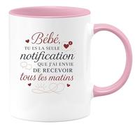 quotedazur - Mug Bébé, tu es la seule notification que j'ai envie de recevoir tous les matins - Tasse Cadeau Amour, Saint-Valentin, Couple Femme - Rose/Céramique