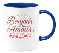 quotedazur - Mug Bonjour mon amour - Tasse Cadeau Saint-Valentin, Amour, Couple Femme - Bleu/Céramique