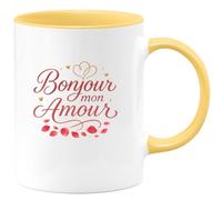 quotedazur - Mug Bonjour mon amour - Tasse Cadeau Saint-Valentin, Amour, Couple Femme - Jaune/Céramique