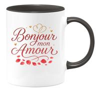 quotedazur - Mug Bonjour mon amour - Tasse Cadeau Saint-Valentin, Amour, Couple Femme - Noir/Céramique