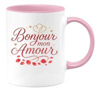 quotedazur - Mug Bonjour mon amour - Tasse Cadeau Saint-Valentin, Amour, Couple Femme - Rose/Céramique