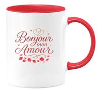 quotedazur - Mug Bonjour mon amour - Tasse Cadeau Saint-Valentin, Amour, Couple Femme - Rouge/Céramique