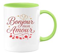 quotedazur - Mug Bonjour mon amour - Tasse Cadeau Saint-Valentin, Amour, Couple Femme - Vert/Céramique