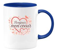 quotedazur - Mug Bonjour mon coeur - Tasse Cadeau Saint-Valentin, Amour, Couple Femme - Bleu/Céramique