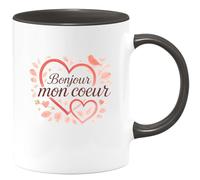 quotedazur - Mug Bonjour mon coeur - Tasse Cadeau Saint-Valentin, Amour, Couple Femme - Noir/Céramique