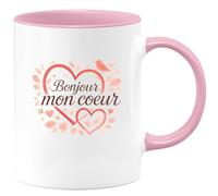 quotedazur - Mug Bonjour mon coeur - Tasse Cadeau Saint-Valentin, Amour, Couple Femme - Rose/Céramique