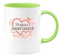 quotedazur - Mug Bonjour mon coeur - Tasse Cadeau Saint-Valentin, Amour, Couple Femme - Vert/Céramique