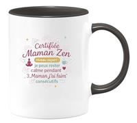 quotedazur - Mug Certifiée Maman Zen niveau expert : je peux rester calme pendant 3 Maman j'ai faim consécutifs - Tasse Cadeau Maman Zen Femme - Noir/Céramique