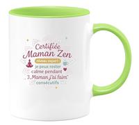 quotedazur - Mug Certifiée Maman Zen niveau expert : je peux rester calme pendant 3 Maman j'ai faim consécutifs - Tasse Cadeau Maman Zen Femme - Vert/Céramique