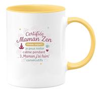 quotedazur - Mug Certifiée Maman Zen niveau expert : je peux rester calme pendant 3 Maman j'ai faim consécutifs - Tasse Cadeau Maman Zen Femme - Jaune/Céramique