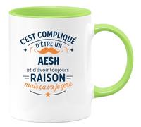 quotedazur - Mug C'est compliqué d'être un AESH et d'avoir toujours raison, mais ça va je gère - Tasse Cadeau AESH Homme - Vert/Céramique