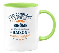 quotedazur - Mug C'est compliqué d'être un Binôme et d'avoir toujours raison, mais ça va je gère - Tasse Cadeau Binôme Homme - Vert/Céramique