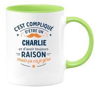 quotedazur - Mug C'est compliqué d'être un Charlie et d'avoir toujours raison, mais ça va je gère - Tasse Cadeau Charlie Homme - Vert/Céramique