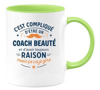 quotedazur - Mug C'est compliqué d'être un Coach Beauté et d'avoir toujours raison, mais ça va je gère - Tasse Cadeau Coach Beauté Homme - Vert/Céramique