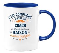 quotedazur - Mug C'est compliqué d'être un Coach et d'avoir toujours raison, mais ça va je gère - Tasse Cadeau Coach Homme - Bleu/Céramique