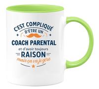 quotedazur - Mug C'est compliqué d'être un Coach Parental et d'avoir toujours raison, mais ça va je gère - Tasse Cadeau Coach Parental Homme - Vert/Céramique