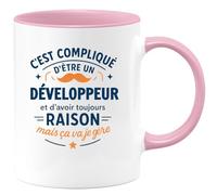 quotedazur - Mug C'est compliqué d'être un Développeur et d'avoir toujours raison, mais ça va je gère - Tasse Cadeau Développeur Homme - Rose/Céramique