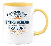 quotedazur - Mug C'est compliqué d'être un Entrepreneur et d'avoir toujours raison, mais ça va je gère - Tasse Cadeau Entrepreneur Homme - Jaune/Céramique