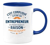 quotedazur - Mug C'est compliqué d'être un Entrepreneur et d'avoir toujours raison, mais ça va je gère - Tasse Cadeau Entrepreneur Homme - Bleu/Céramique