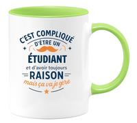 quotedazur - Mug C'est compliqué d'être un Étudiant et d'avoir toujours raison, mais ça va je gère - Tasse Cadeau Étudiant Homme - Vert/Céramique