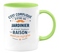 quotedazur - Mug C'est compliqué d'être un Jardinier et d'avoir toujours raison, mais ça va je gère - Tasse Cadeau Jardinier Homme - Vert/Céramique