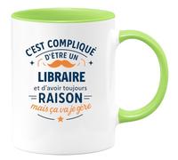 quotedazur - Mug C'est compliqué d'être un Libraire et d'avoir toujours raison, mais ça va je gère - Tasse Cadeau Libraire Homme - Vert/Céramique