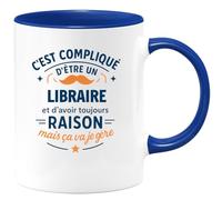 quotedazur - Mug C'est compliqué d'être un Libraire et d'avoir toujours raison, mais ça va je gère - Tasse Cadeau Libraire Homme - Bleu/Céramique