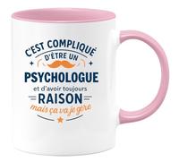 quotedazur - Mug C'est compliqué d'être un Psychologue et d'avoir toujours raison, mais ça va je gère - Tasse Cadeau Psychologue Homme - Rose/Céramique