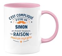 quotedazur - Mug C'est compliqué d'être un Simon et d'avoir toujours raison, mais ça va je gère - Tasse Cadeau Simon Homme - Rose/Céramique
