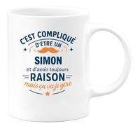 quotedazur - Mug C'est compliqué d'être un Simon et d'avoir toujours raison, mais ça va je gère - Tasse Cadeau Simon Homme - Blanc/Céramique