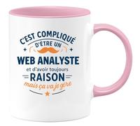 quotedazur - Mug C'est compliqué d'être un Web Analyste et d'avoir toujours raison, mais ça va je gère - Tasse Cadeau Web Analyste Homme - Rose/Céramique