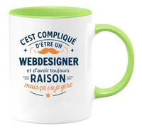 quotedazur - Mug C'est compliqué d'être un Webdesigner et d'avoir toujours raison, mais ça va je gère - Tasse Cadeau Webdesigner Homme - Vert/Céramique