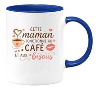 quotedazur - Mug Cette maman fonctionne au café et aux bisous - Tasse Cadeau Maman Femme - Bleu/Céramique