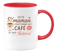 quotedazur - Mug Cette maman fonctionne au café et aux bisous - Tasse Cadeau Maman Femme - Rouge/Céramique