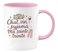 quotedazur - Mug Chat, vin, pyjama. Ma sainte trinité - Tasse Cadeau Humour Femme - Rose/Céramique