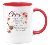 quotedazur - Mug Chéri, chaque café du matin avec toi vaut tous les bouquets du monde - Tasse Cadeau Amour, Saint-Valentin, Couple Homme - Rouge/Céramique