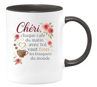 quotedazur - Mug Chéri, chaque café du matin avec toi vaut tous les bouquets du monde - Tasse Cadeau Amour, Saint-Valentin, Couple Homme - Noir/Céramique