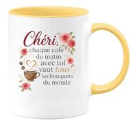 quotedazur - Mug Chéri, chaque café du matin avec toi vaut tous les bouquets du monde - Tasse Cadeau Amour, Saint-Valentin, Couple Homme - Jaune/Céramique