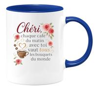 quotedazur - Mug Chéri, chaque café du matin avec toi vaut tous les bouquets du monde - Tasse Cadeau Amour, Saint-Valentin, Couple Homme - Bleu/Céramique