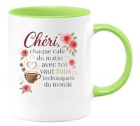 quotedazur - Mug Chéri, chaque café du matin avec toi vaut tous les bouquets du monde - Tasse Cadeau Amour, Saint-Valentin, Couple Homme - Vert/Céramique