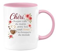 quotedazur - Mug Chéri, chaque café du matin avec toi vaut tous les bouquets du monde - Tasse Cadeau Amour, Saint-Valentin, Couple Homme - Rose/Céramique