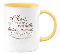 quotedazur - Mug Chéri, tu es ma plus belle histoire d'amour version longue durée - Tasse Cadeau Amour, Saint-Valentin, Couple Homme - Jaune/Céramique