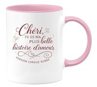 quotedazur - Mug Chéri, tu es ma plus belle histoire d'amour version longue durée - Tasse Cadeau Amour, Saint-Valentin, Couple Homme - Rose/Céramique