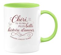 quotedazur - Mug Chéri, tu es ma plus belle histoire d'amour version longue durée - Tasse Cadeau Amour, Saint-Valentin, Couple Homme - Vert/Céramique