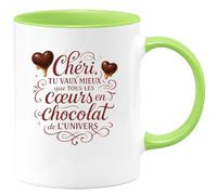 quotedazur - Mug Chéri, tu vaux mieux que tous les cœurs en chocolat de l'univers - Tasse Cadeau Amour, Saint-Valentin, Couple Homme - Vert/Céramique
