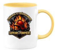 quotedazur - Mug courage et dévouement sapeurs pompiers - Tasse Cadeau Pompier Homme - Jaune/Céramique
