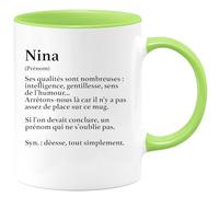 quotedazur - Mug Définition Prénom Nina Déesse Tout Simplement - Tasse Prénom Nina Idéal Pour Noël Au Bureau - Vert/Céramique