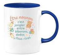 quotedazur - Mug Être nounou c'est jongler entre biberons, dodos et fous rires - Tasse Cadeau Nounou Femme - Bleu/Céramique