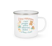 quotedazur - Mug Être nounou c'est jongler entre biberons, dodos et fous rires - Tasse Cadeau Nounou Femme - Blanc/Emaillé